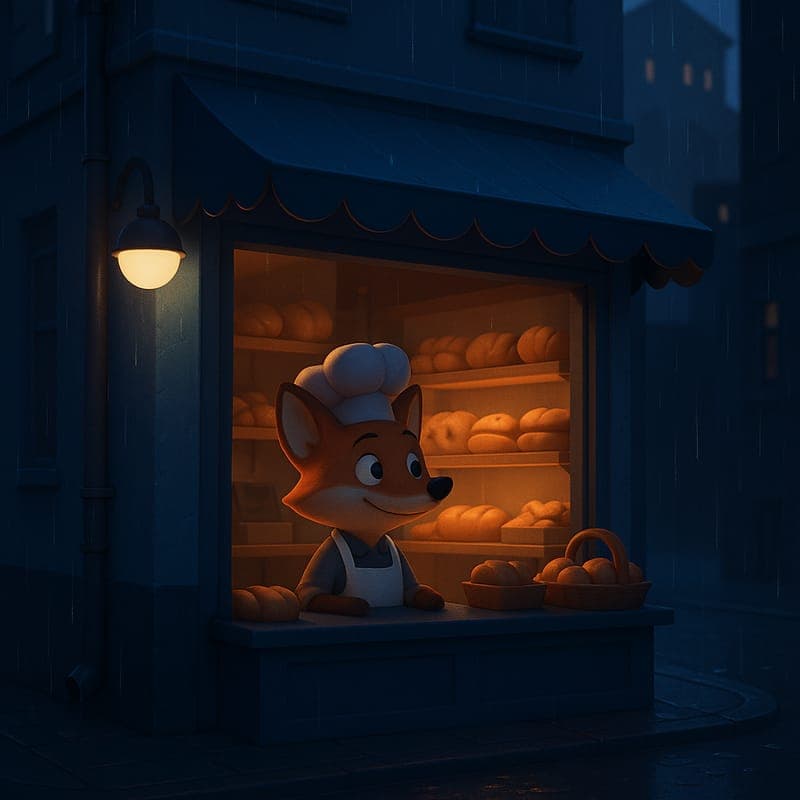 3D Toon cartoon style example — a fox opening a bakery