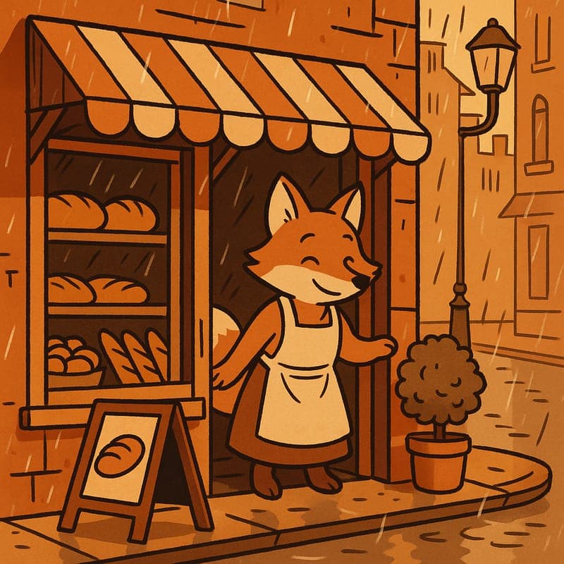 Cel Classic cartoon style example — a fox opening a bakery