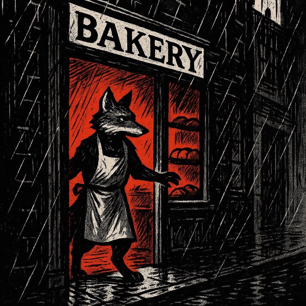 Noir Comic cartoon style example — a fox opening a bakery